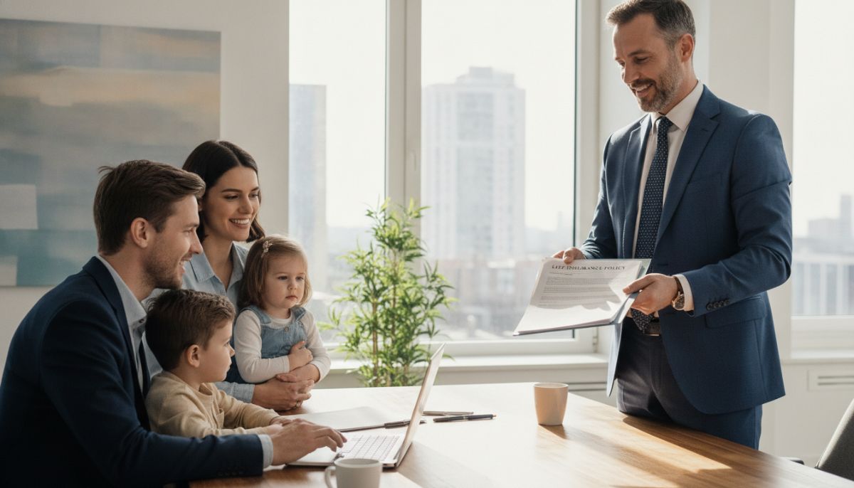 A professional financial advisor presenting a life insurance policy document to a young family in a bright, modern office setting