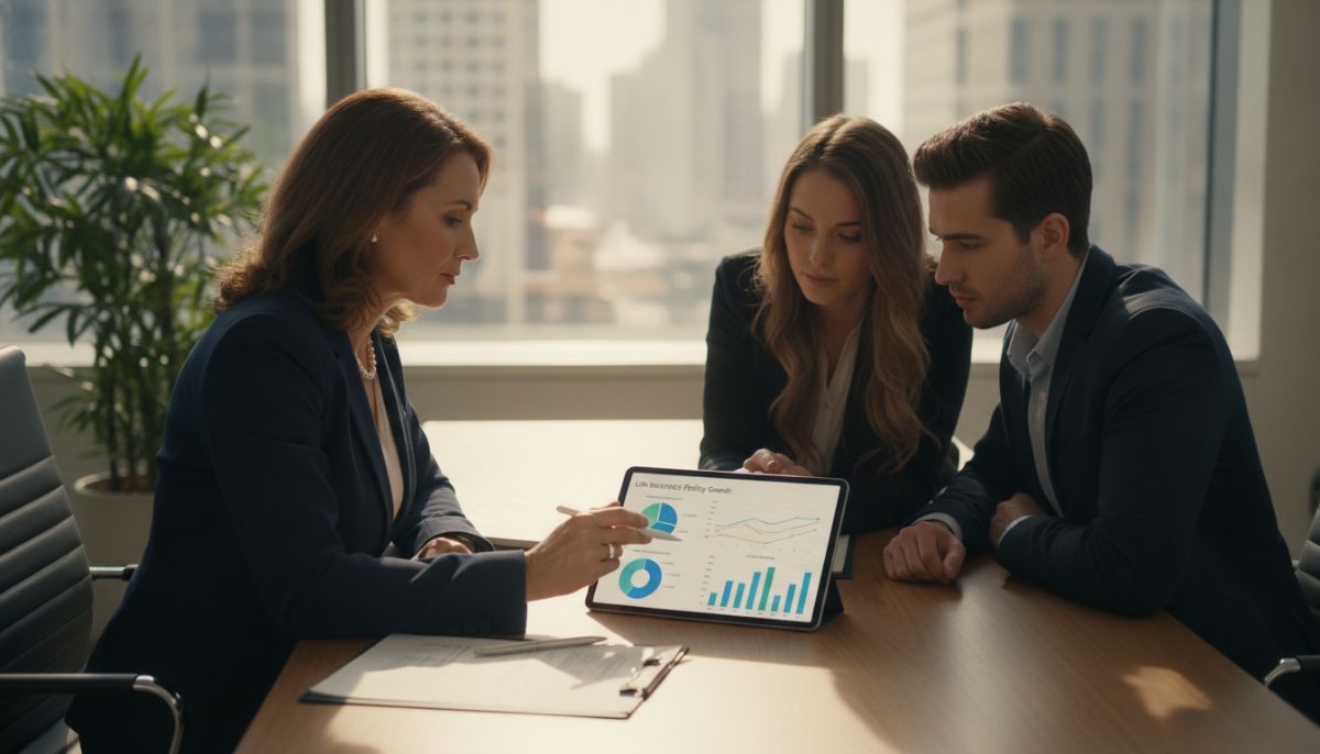 A professional financial advisor sitting across a modern office desk from a young couple, discussing life insurance policies with colored charts and graphs visible on a tablet, soft natural lighting, realistic editorial style