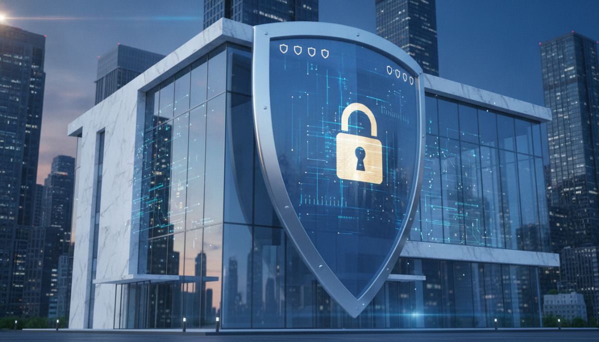 A professional concept illustration depicting financial security, showing a large modern shield protecting a bank building made of marble and glass, digital overlay of padlock and shield icon, high quality 3d rendering